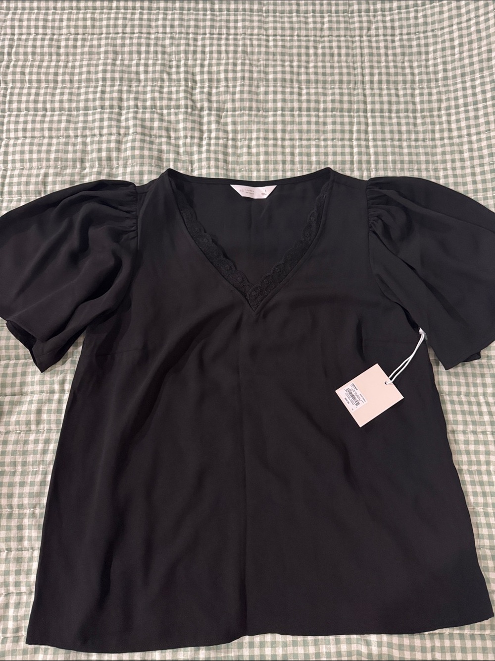 LC Lauren Conrad Black V-Neck Lace-Trim Puff Sleeve Blouse